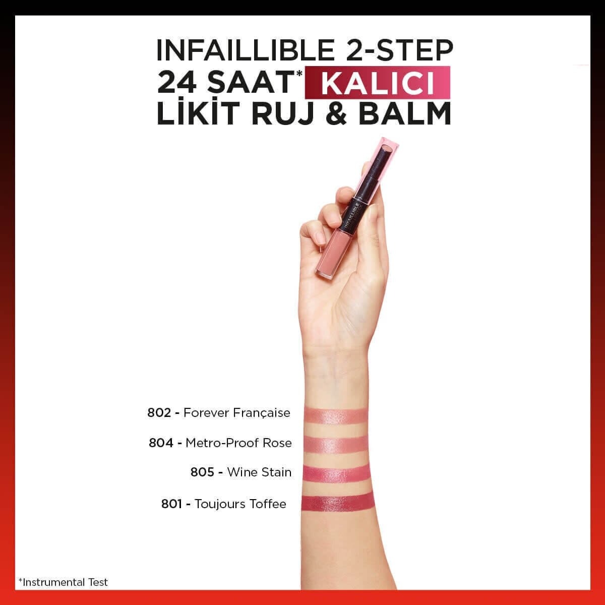 لورآل پاریس اینفایبل ۲ مرحله‌ای رژ لب مایع و بالم ۲۴ ساعته شماره ۸۰۱ توژور توفی