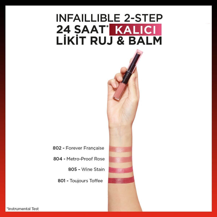 لورآل پاریس اینفایبل ۲ مرحلهای رژ لب مایع و بالم ۲۴ ساعته شماره ۸۰۱ توژور توفی