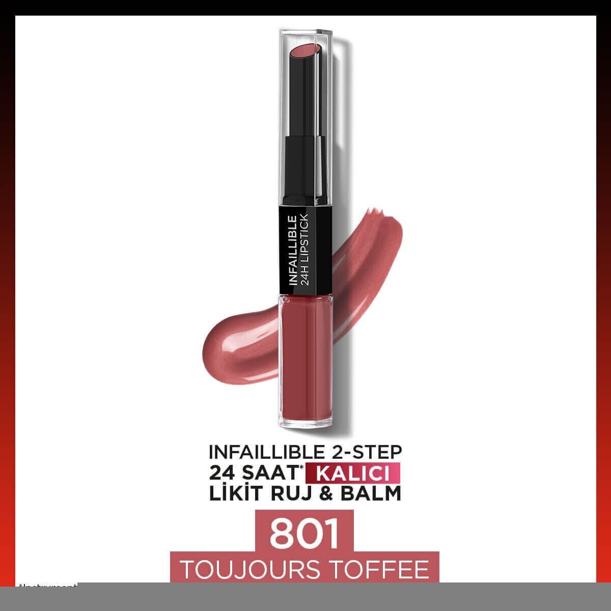 لورآل پاریس اینفایبل ۲ مرحله‌ای رژ لب مایع و بالم ۲۴ ساعته شماره ۸۰۱ توژور توفی